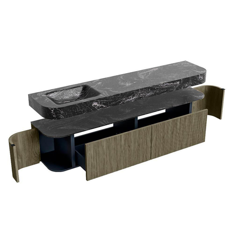MONDIAZ THOR-DLUX 200cm meuble de salle de bains arrondi gauche + droite couleur Shadow avec 2 tiroirs et 2 portes. Vasque suspendue CLOUD Gauche sans trou de robinet couleur Lava. SW1467040