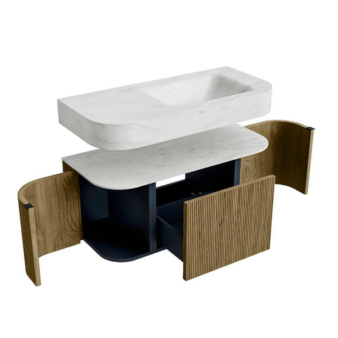 MONDIAZ THOR-DLUX 100cm meuble de salle de bains arrondi gauche + droite couleur Dusk avec 1 tiroir et 2 portes. Vasque suspendue CLOUD droite sans trou de robinet couleur Opalo. SW1467406