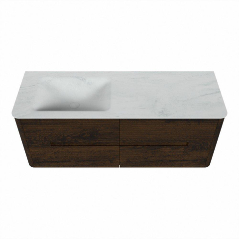 Mondiaz CIRO-DLUX Ensemble de meubles de salle de bains - 130x45x50cm - lavabo solid surface Opalo - 1 vasque à gauche - 1 trou de robinet - 4 tiroirs - Noyer SW1530503