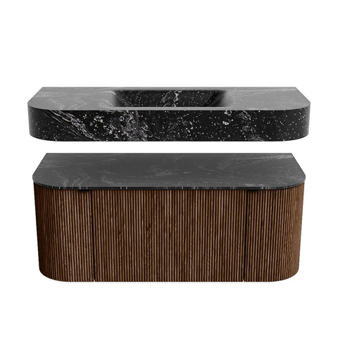 MONDIAZ THOR-DLUX 110cm meuble de salle de bains arrondi gauche + droite couleur Walnut avec 1 tiroir et 2 portes. Vasque suspendue CLOUD Milieu sans trou de robinet couleur Lava. SW1462754