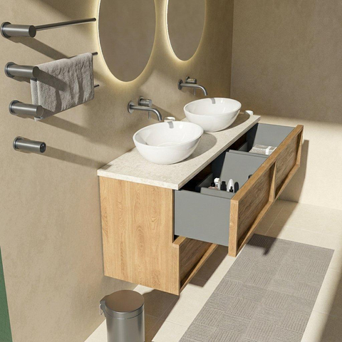 Saniclass Holz Frame Badkamermeubelset - 140x45x63cm - Travertine natuurstenen topblad - zonder kraangat - 4 lades - mat eiken natural (hout) SW1580042