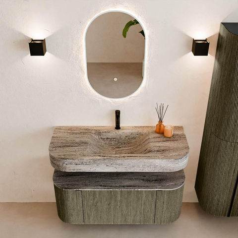 MONDIAZ THOR-DLUX Meuble de salle de bains 110cm arrondi gauche + droite couleur Shadow avec 1 tiroir et 2 portes. Vasque suspendue CLOUD Milieu 1 trou de robinet couleur Oza. SW1463000