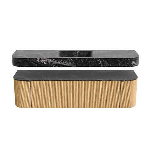 MONDIAZ THOR-DLUX 170cm meuble de salle de bains arrondi gauche + droite couleur Oak avec 1 tiroir et 2 portes. Vasque suspendue CLOUD Milieu 1 trou de robinet couleur Lava. SW1465428