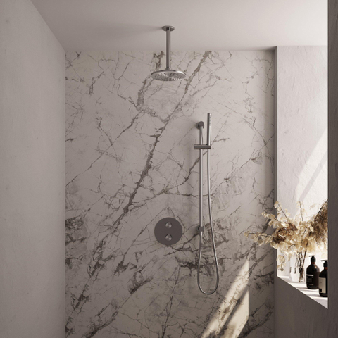 BRAUER Douche pluie thermostatique encastrée Carving brossée - 3 voies - rond - ensemble 89 - douche principale de 20 cm - bras plafond - douchette à main - flexible de douche - barre de douche intégrée - inox brossé PVD SW1159168
