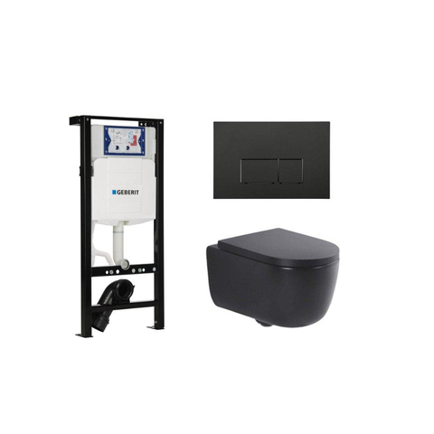 QeramiQ Dely Swirl Toiletset - 36.3x51.7cm - Geberit UP320 plieger inbouwreservoir - 35mm zitting - mat zwarte bedieningsplaat - rechthoekige knoppen - mat zwart SW1413303