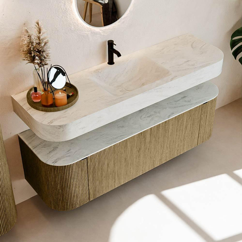 MONDIAZ THOR-DLUX 150cm meuble de salle de bains arrondi gauche + droite couleur Dusk avec 1 tiroir et 2 portes. Vasque suspendue CLOUD Milieu 1 trou de robinet couleur Opalo. SW1464524
