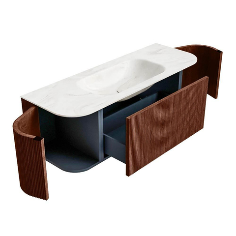 Mondiaz KURVE-DLUX Badkamermeubelset - 130x46x40cm - 1 lade - 2 deuren - wastafel solid surface - midden - zonder kraangat - Ruby SW1415833