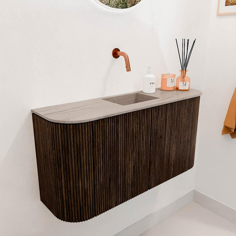 Mondiaz JOYA-DLUX 83.2cm meuble de salle de bains - arrondis gauche et droite couleur Walnut - Vasque FAYE position Milieu Sans trou de robinet couleur Saba. SW1424692