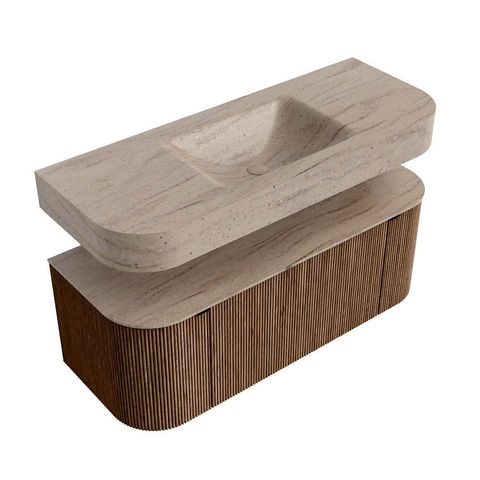 MONDIAZ THOR-DLUX 120cm badmeubel ronding links + rechts kleur Walnut met 1 lade en 2 deuren. Vrijhangende wastafel CLOUD Midden zonder kraangat kleur Saba. SW1463480
