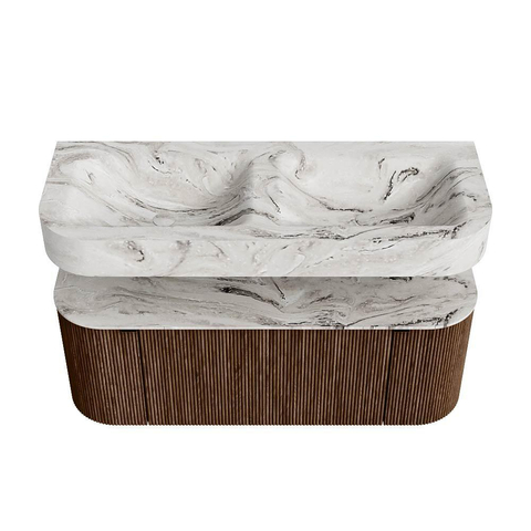 MONDIAZ THOR-DLUX 120cm badmeubel ronding links + rechts kleur Walnut met 1 lade en 2 deuren. Vrijhangende wastafel CLOUD Dubbel zonder kraangat kleur Glace. SW1463207