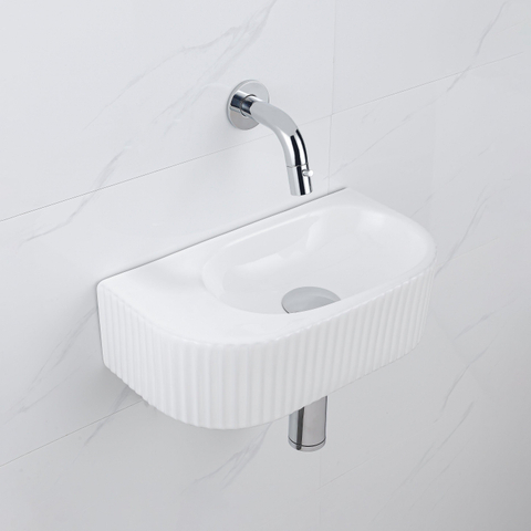 QeramiQ Fuente fonteinset – halfrond – 40x21.5x12 cm – keramiek wit glans – chromen kraan – geribbeld SW1233078