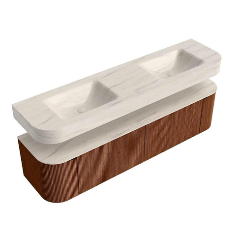 MONDIAZ THOR-DLUX 180cm meuble de salle de bains arrondi gauche + droite couleur Ruby avec 2 tiroirs et 2 portes. Vasque suspendue CLOUD Double sans trou de robinet couleur Meli. SW1466177
