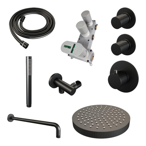 BRAUER Stripe Douche de pluie thermostatique encastrée - SET 02 - pomme de douche 25cm - bras mural courbé - douchette sur barre - flexible de douche - coude mural - noir mat SW1435130