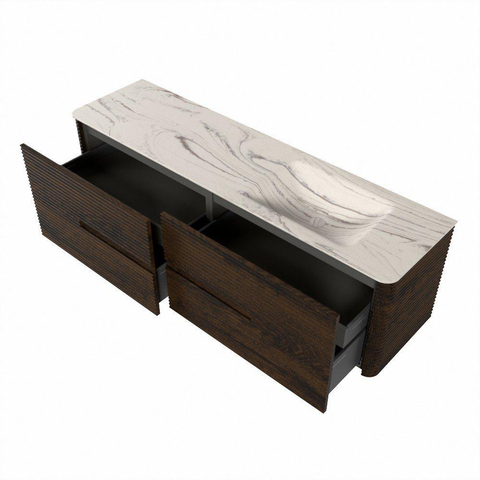 Mondiaz CIRO-DLUX Meuble de salle de bains - 170x45x50cm - vasque solid surface Nata - 1 lavabo à droite - sans trous de robinet - 4 tiroirs - Noyer SW1530619