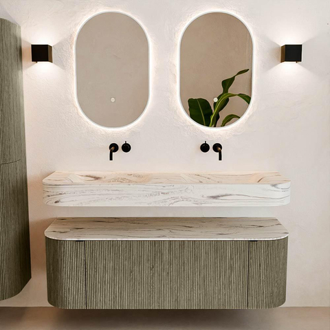 MONDIAZ THOR-DLUX Meuble de salle de bains 140cm arrondi gauche + droite couleur Shadow avec 1 tiroir et 2 portes. Vasque suspendue CLOUD Double sans trou de robinet couleur Nata. SW1464234