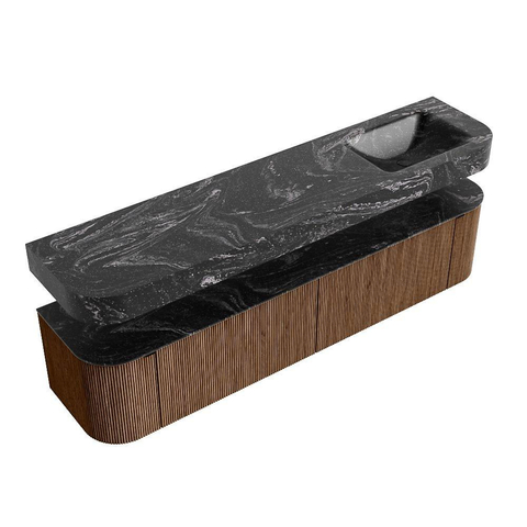MONDIAZ THOR-DLUX 200cm badmeubel ronding links + rechts kleur Walnut met 2 lades en 2 deuren. Vrijhangende wastafel CLOUD Rechts zonder kraangat kleur Lava. SW1467003