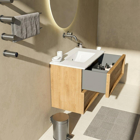 Saniclass Holz Frame Badkamermeubelset - 80x45x62cm - Vygo keramische wastafel wit - 1 wasbak - zonder kraangat - 2 lades - mat eiken natural (hout) SW1579938