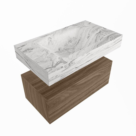 Mondiaz ALAN-DLUX Badkamermeubelset - 150x46cm - 1 lade - vrijhangende wastafel - zonder kraangaten - 1 midden - Mocha SW1187261