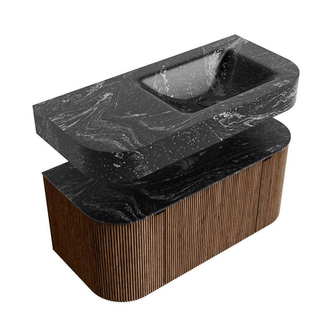 MONDIAZ THOR-DLUX 100cm meuble de salle de bains arrondi gauche + droite couleur Walnut avec 1 tiroir et 2 portes. Vasque suspendue CLOUD Droite 1 trou de robinet couleur Lava. SW1467368