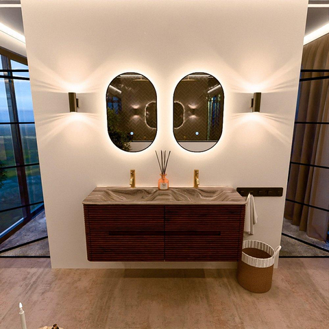 Mondiaz CIRO-DLUX Badkamermeubelset - 130x45x50cm - Solid surface wastafel Sombra - 2 wasbak Dubbel - 2 kraangaten - 4 lades - Ruby SW1531951