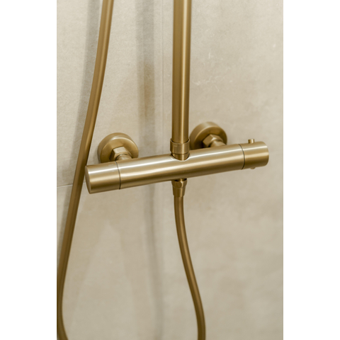 Fortifura Calvi Regendoucheset - thermostatisch - 25cm hoofddouche - metalen slang - staafhanddouche - Geborsteld Messing PVD (Goud) SW788000