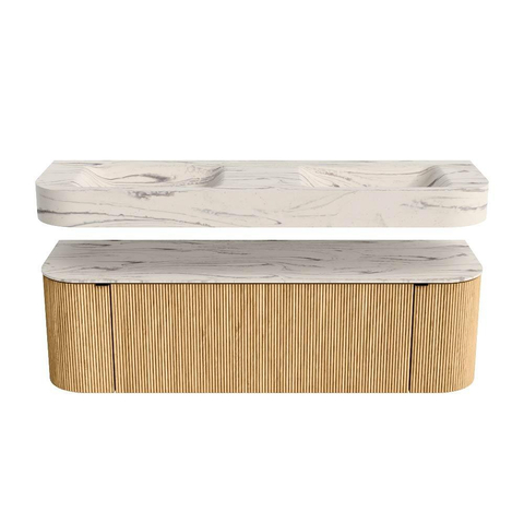 MONDIAZ THOR-DLUX 150cm meuble de salle de bains arrondi gauche + droite couleur Oak avec 1 tiroir et 2 portes. Vasque suspendue CLOUD Double 2 trous de robinet couleur Nata. SW1467675