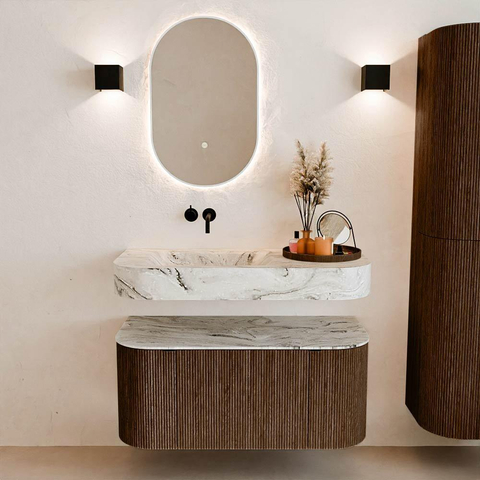 MONDIAZ THOR-DLUX 100cm meuble de salle de bains arrondi gauche + droite couleur Walnut avec 1 tiroir et 2 portes. Vasque suspendue CLOUD Gauche sans trou de robinet couleur Glace. SW1467335
