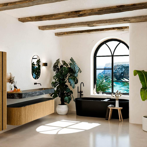MONDIAZ THOR-DLUX 180cm badmeubel ronding links + rechts kleur Oak met 2 lades en 2 deuren. Vrijhangende wastafel CLOUD Rechts zonder kraangat kleur Lava. SW1465921