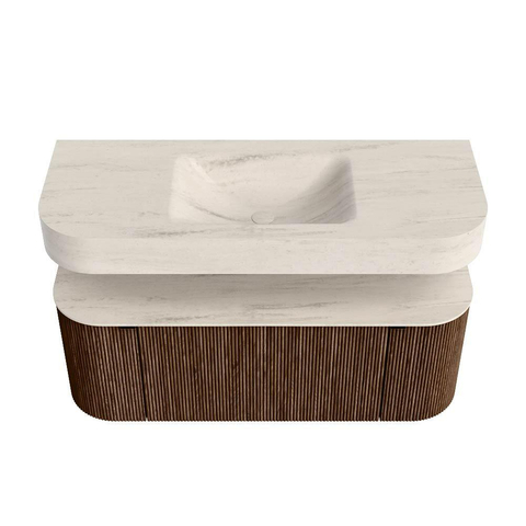 MONDIAZ THOR-DLUX Meuble de salle de bains - 120cm - arrondi gauche + droite - couleur Walnut - 1 tiroir - 2 portes - Vasque suspendue CLOUD centrale 1 trou de robinet - couleur Meli SW1463313