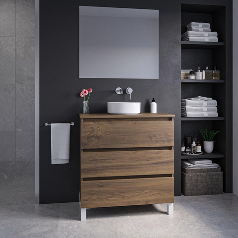 Saniclass Chaci PLUS Meuble de salle de bain - 80x86x46cm - vasque - plan de toilette - 3 tiroirs - miroir rectangulaire - noyer (hout) SW1027199