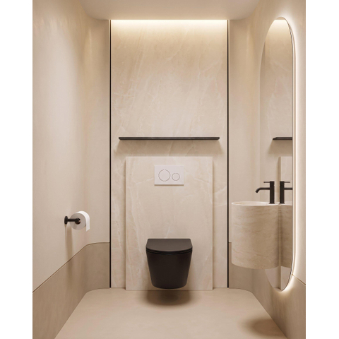 QeramiQ Dely Ensemble WC - 36.3x51.7cm - cuvette profonde - sans bride - réservoir encastré Geberit UP320 - abattant de WC softclose 35 mm - plaque de commande blanche mate - boutons ronds - noir mat SW1235428
