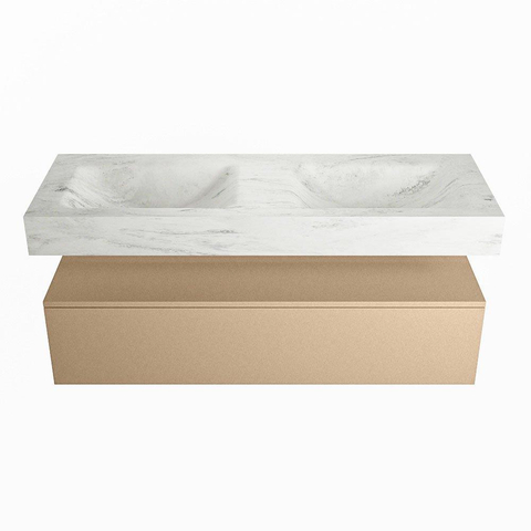 Mondiaz ALAN-DLUX Ensemble de meuble - 130cm - meuble Oro mat - 1 tiroir - Lavabo Cloud Opalo suspendu - vasque Gauche et droite - 0 trous de robinet SW806872