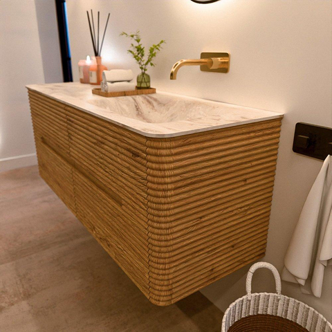 Mondiaz CIRO-DLUX Ensemble de meubles de salle de bains - 130x45x50cm - Plan vasque solid surface Frappe - 1 vasque à droite - sans trous de robinetterie - 4 tiroirs - Chêne SW1530873