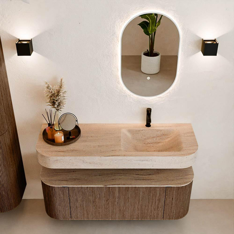 MONDIAZ THOR-DLUX 130cm badmeubel ronding links + rechts kleur Walnut met 1 lade en 2 deuren. Vrijhangende wastafel CLOUD Rechts 1 kraangat kleur Saba. SW1464030