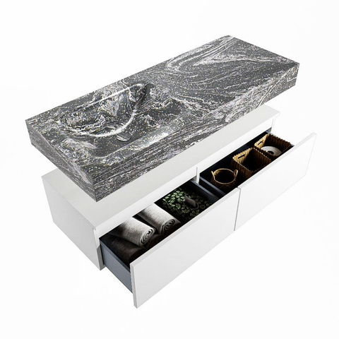 Mondiaz ALAN-DLUX Ensemble de meuble - 120cm - meuble Talc mat - 2 tiroirs - Lavabo Cloud Lava suspendu - vasque Gauche - 1 trou de robinet SW807736