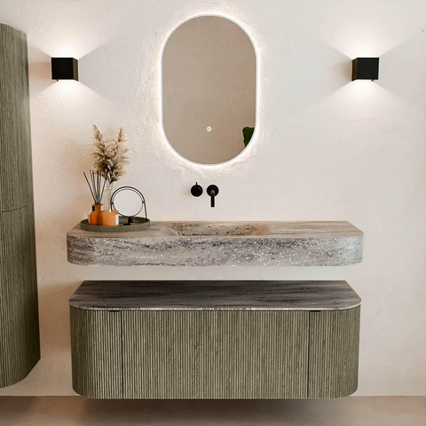 MONDIAZ THOR-DLUX 130cm meuble de salle de bains arrondi gauche + droite couleur Shadow avec 1 tiroir et 2 portes. Vasque suspendue CLOUD Milieu sans trou de robinet couleur Oza. SW1463999