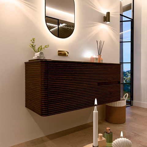 Mondiaz CIRO-DLUX Ensemble de meubles de salle de bains - 120x45x50cm - lavabo solid surface Lava - 1 bassin à gauche - sans trous de robinet - 2 tiroirs - Noyer SW1530217
