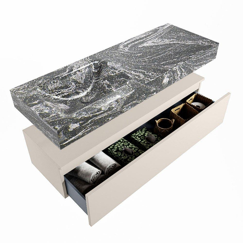 Mondiaz ALAN-DLUX Ensemble de meuble - 130cm - meuble Linen mat - 1 tiroir - Lavabo Cloud Lava suspendu - vasque Gauche - 1 trou de robinet SW808090