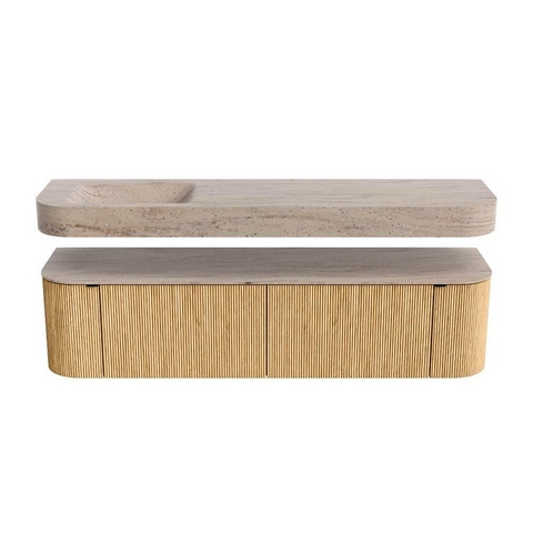 MONDIAZ THOR-DLUX 180cm meuble de salle de bains arrondi gauche + droite couleur Oak avec 2 tiroirs et 2 portes. Vasque suspendue CLOUD Gauche 1 trou de robinet couleur Saba. SW1466331