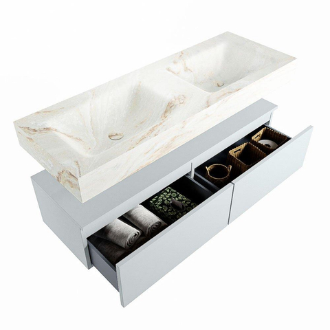 Mondiaz ALAN-DLUX Ensemble de meuble - 130cm - meuble Clay mat - 2 tiroirs - Lavabo Cloud Frappe suspendu - vasque Gauche et droite - 2 trous de robinet SW805647