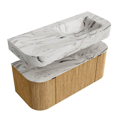 MONDIAZ THOR-DLUX 110cm badmeubel ronding links + rechts kleur Oak met 1 lade en 2 deuren. Vrijhangende wastafel CLOUD Rechts zonder kraangat kleur Glace. SW1462728