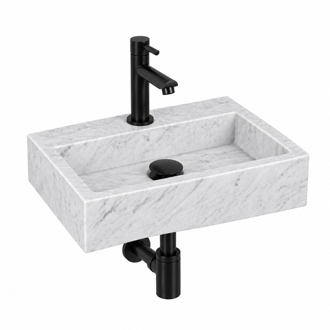 Fortifura Fuente pack lave-mains – rectangulaire – 38 x 24 x 8 cm – marbre blanc – robinet noir mat SW1111481