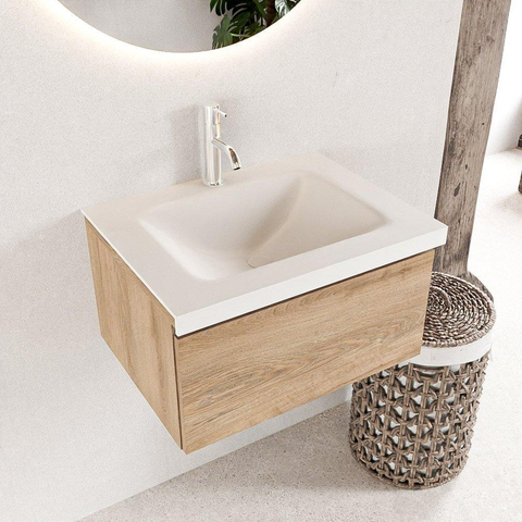 Mondiaz BUKLA Ensemble de meuble - 60x45x34cm - 1 trou de robinet - lavabo centré - solid surface - Talc - sans poignée - 1 tiroir - Mélamine - Chêne blanchi SW704725