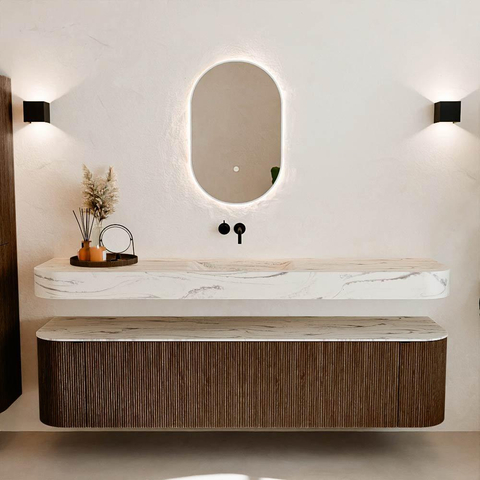 MONDIAZ THOR-DLUX 190cm meuble de salle de bains arrondi gauche + droite couleur Walnut avec 2 tiroirs et 2 portes. Vasque suspendue CLOUD Centre sans trou de robinet couleur Nata. SW1466754