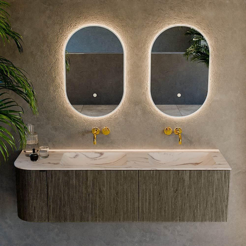 MONDIAZ KURVE-DLUX Meuble de salle de bains 155 cm arrondi à gauche couleur Shadow avec 2 tiroirs et 1 porte. Lavabo LEAF Double / à droite sans trou de robinet Nata. SW1432332