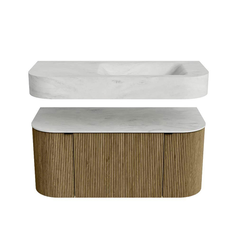 MONDIAZ THOR-DLUX 100cm meuble de salle de bains arrondi gauche + droite couleur Dusk avec 1 tiroir et 2 portes. Vasque suspendue CLOUD Droite 1 trou de robinet couleur Opalo. SW1467342
