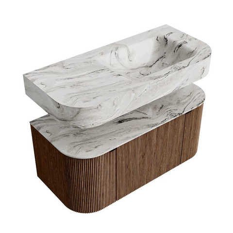 MONDIAZ THOR-DLUX 100cm meuble de salle de bains arrondi gauche + droite couleur Walnut avec 1 tiroir et 2 portes. Vasque suspendue CLOUD droite sans trou de robinet couleur Glace. SW1467268