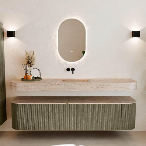 MONDIAZ THOR-DLUX 190cm meuble de salle de bains arrondi gauche + droite couleur Shadow avec 2 tiroirs et 2 portes. Vasque suspendue CLOUD Milieu sans trou de robinet couleur Saba. SW1466675