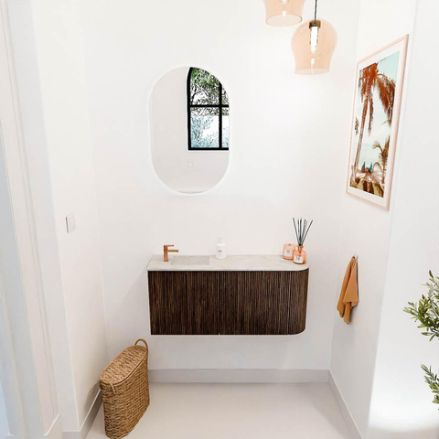 Mondiaz JOYA-DLUX 91.6cm toiletmeubel - ronding rechts kleur Walnut - Wastafel FAYE positie Links 1 kraangat kleur Ostra. SW1422645