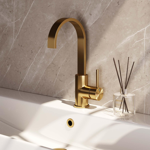Brauer Gold - Édition Ensemble de robinet mélangeur à poser - haut - pivotant - bec plat - modèle a - PVD - or brossé SW547714